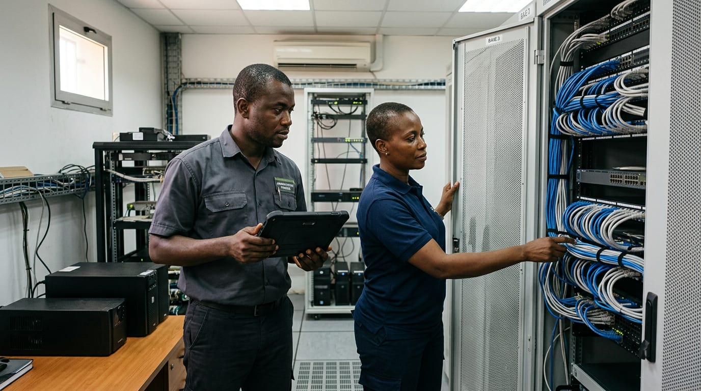 Deux agents d'une administration ivoirienne inspectent les équipements d'une salle serveurs, l'un tenant une tablette et l'autre vérifiant une baie informatique.