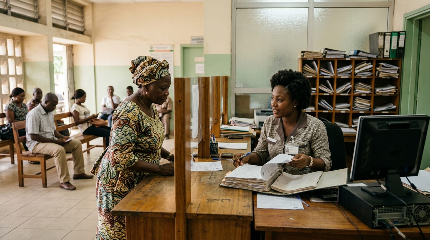 Une agente d'accueil reçoit une usagère au guichet d'un service public à Abidjan, tandis que d'autres personnes patientent sur des chaises en arrière-plan.